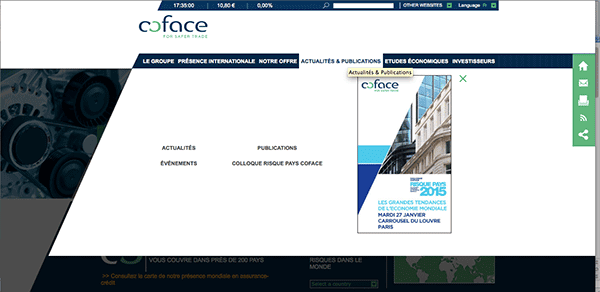 présence digitale : menu déroulant du site coface