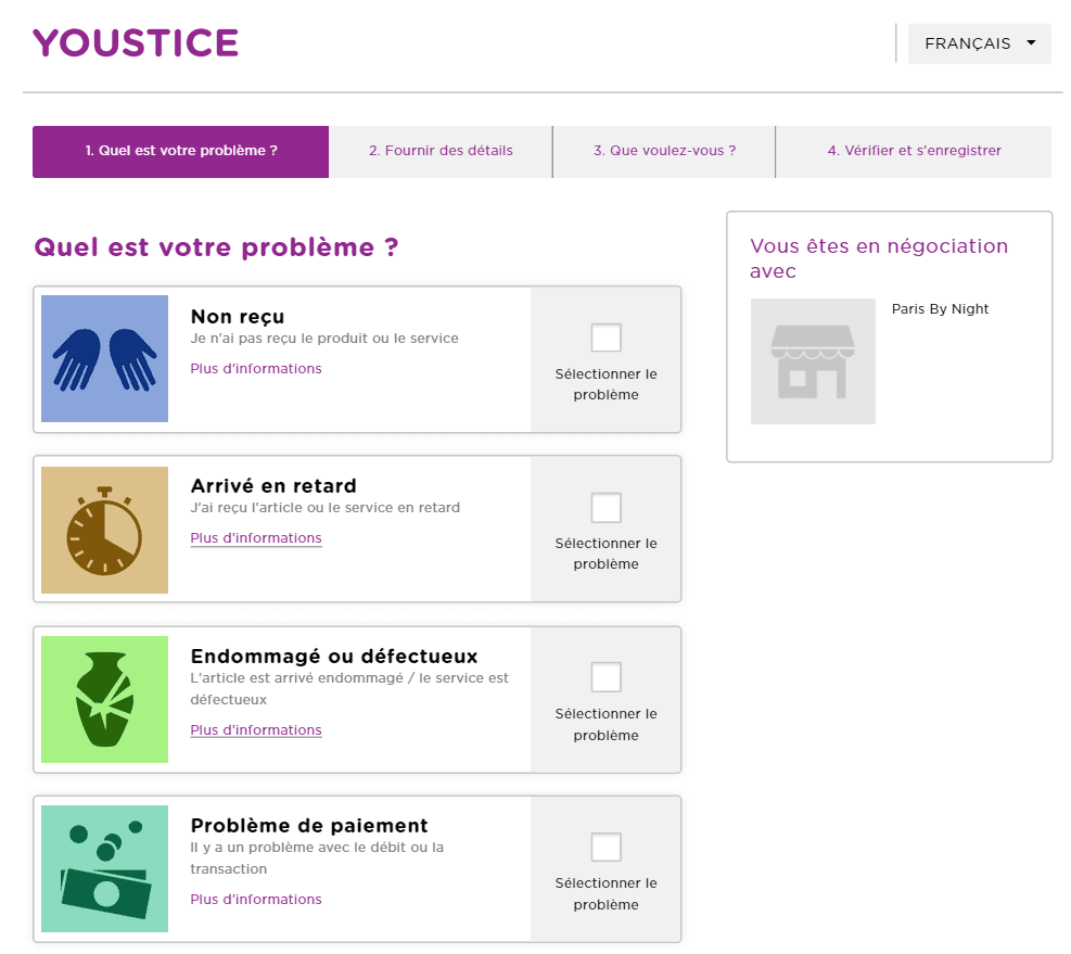 Capture d'écran de l'interface de règlement en ligne des litiges de consommation Youstice