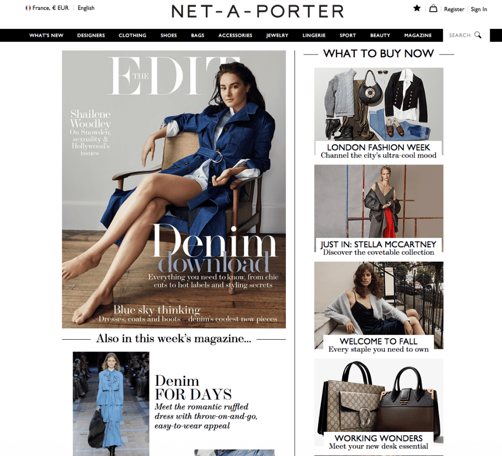 Considéré par Philippe Jourdan comme une référence, le site net-à-porter se présente comme un catalogue où les articles présentés sont achetables.