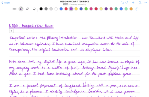 Nebo handwriting recognition
