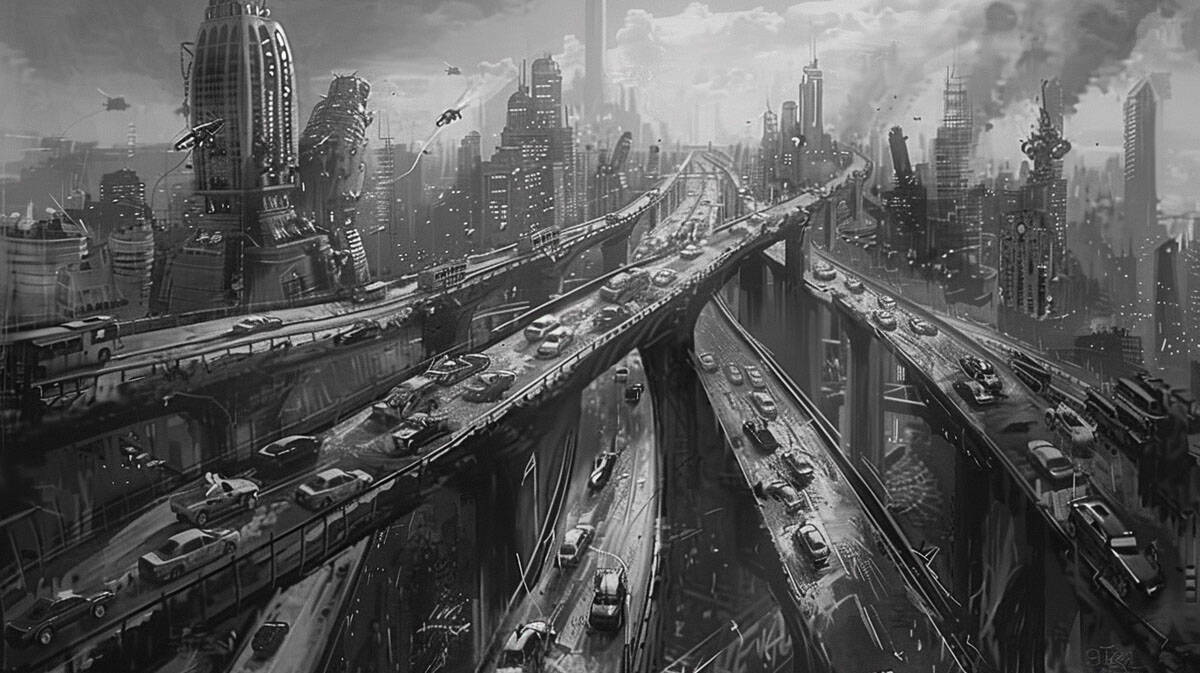 On sait qu'on a un problème avec la transition écologique nous a dit Lucile Schmid. Quand j'ai demandé à Midjourney de nous dessiner une vision apocalyptique du futur de nos villes, le programme est arrivé à un résultat finalement pas si éloigné que cela de la situation de certaines villes asiatiques. Un visuel aussi noire qu'un film de Steve Cutts...