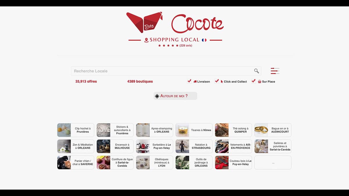 La page d'accueil de la marketplace de shopping local